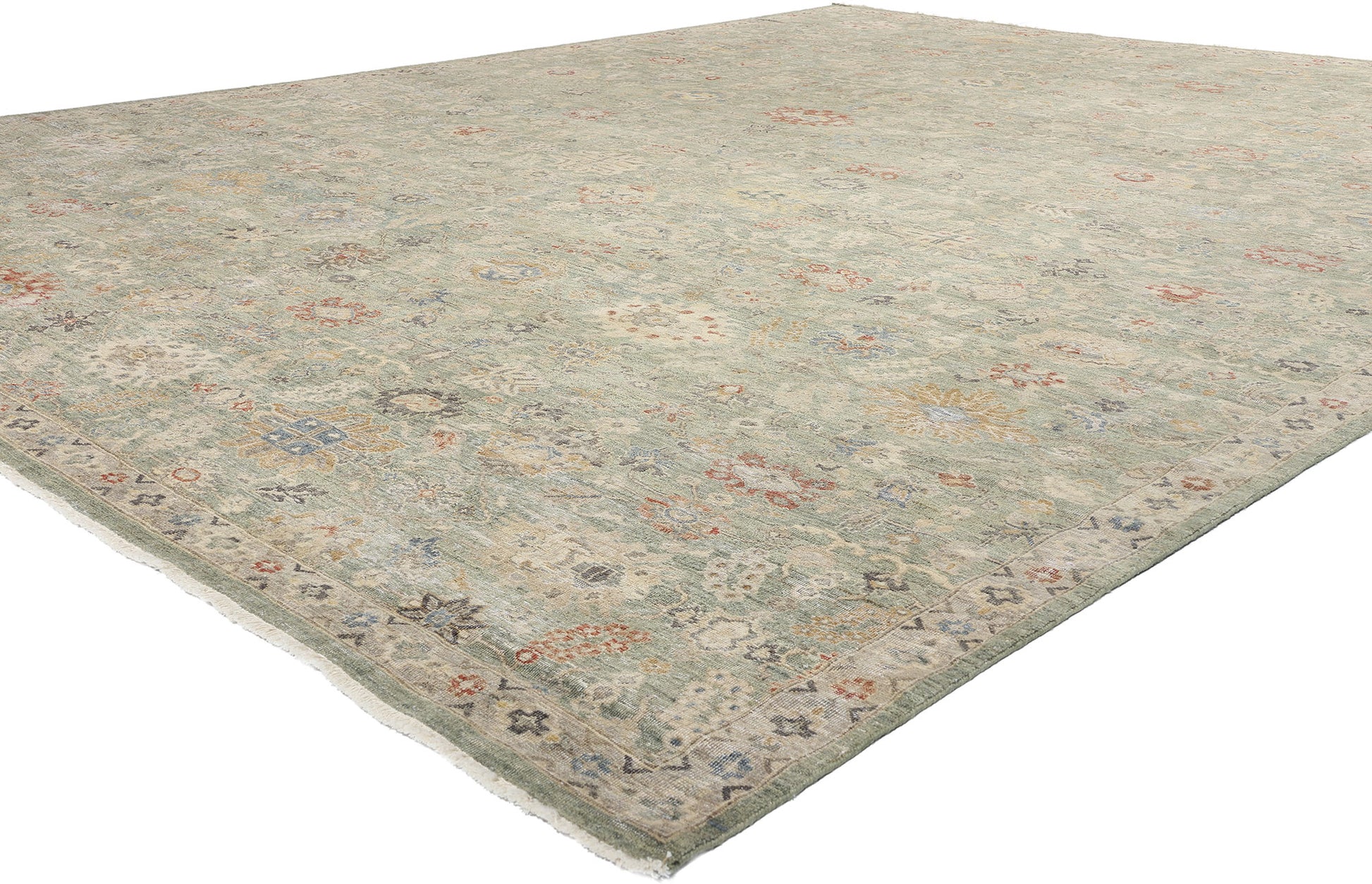 12 x 15 Vintage-Inspired Modern Green Oushak Rug 31074
