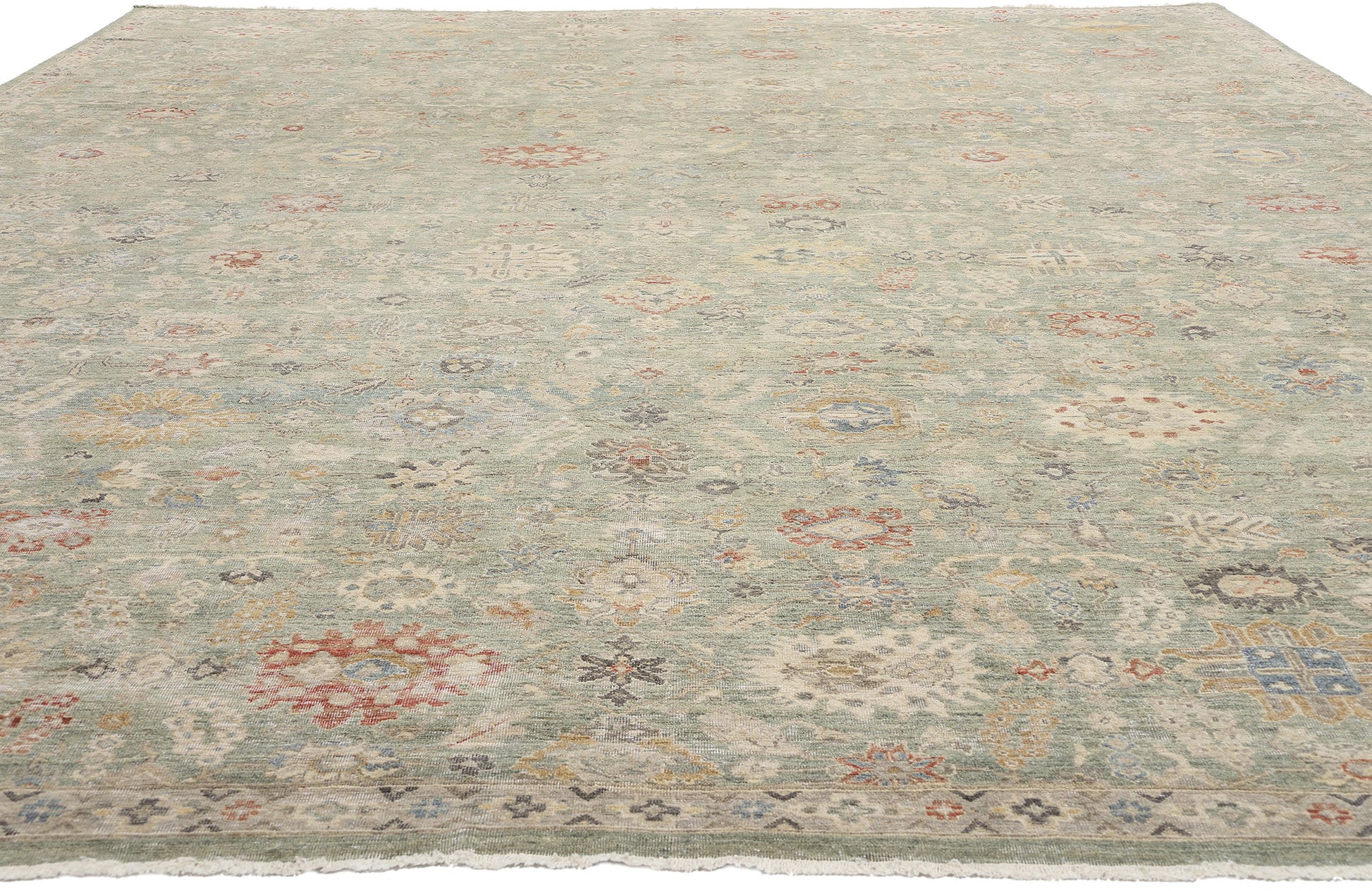 12 x 15 Vintage-Inspired Modern Green Oushak Rug 31074