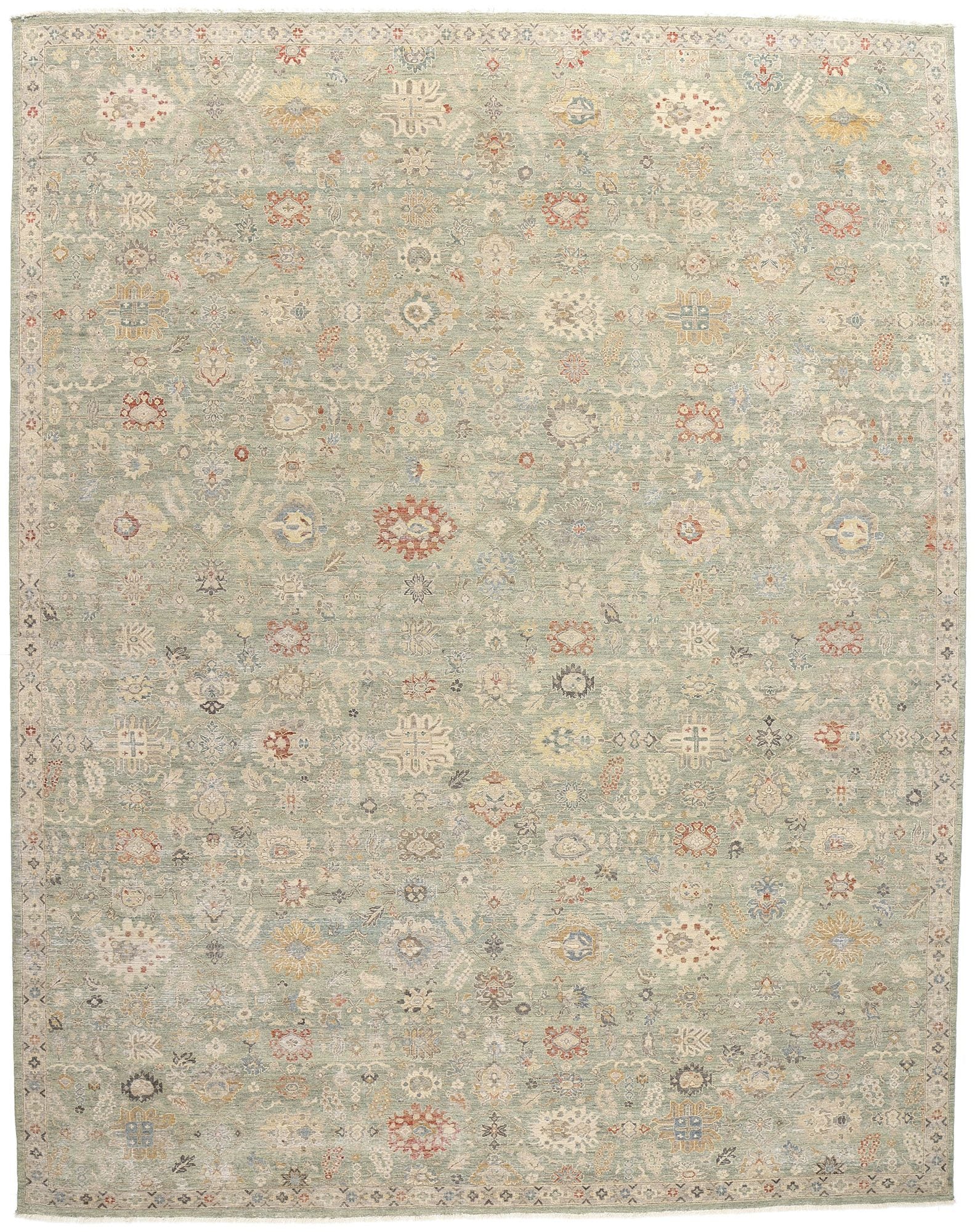 12 x 15 Vintage-Inspired Modern Green Oushak Rug 31074