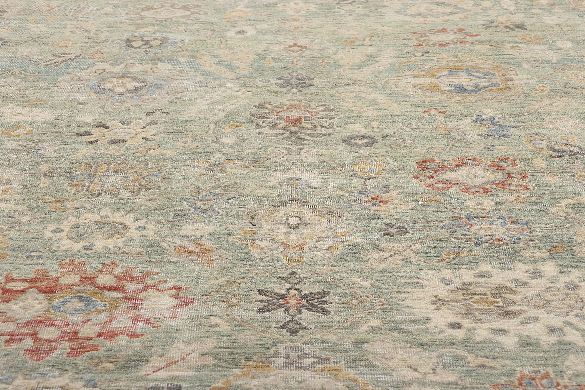 12 x 15 Vintage-Inspired Modern Green Oushak Rug 31074