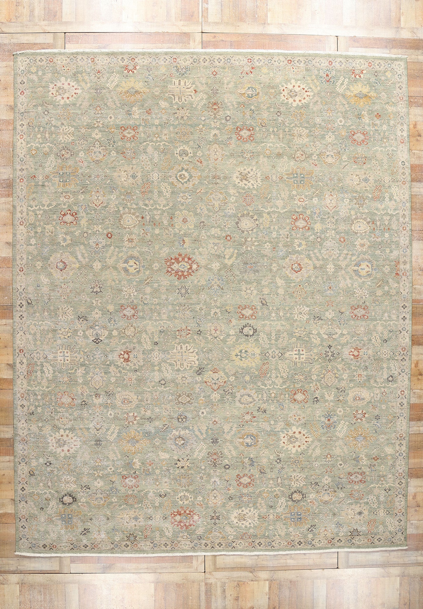 12 x 15 Vintage-Inspired Modern Green Oushak Rug 31074