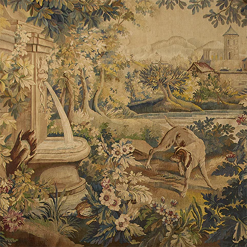 Tapestry with a fountain, dog, and landscape scenery