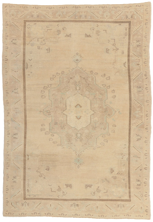 6 x 8 Beige Vintage Turkish Oushak Rug 52960