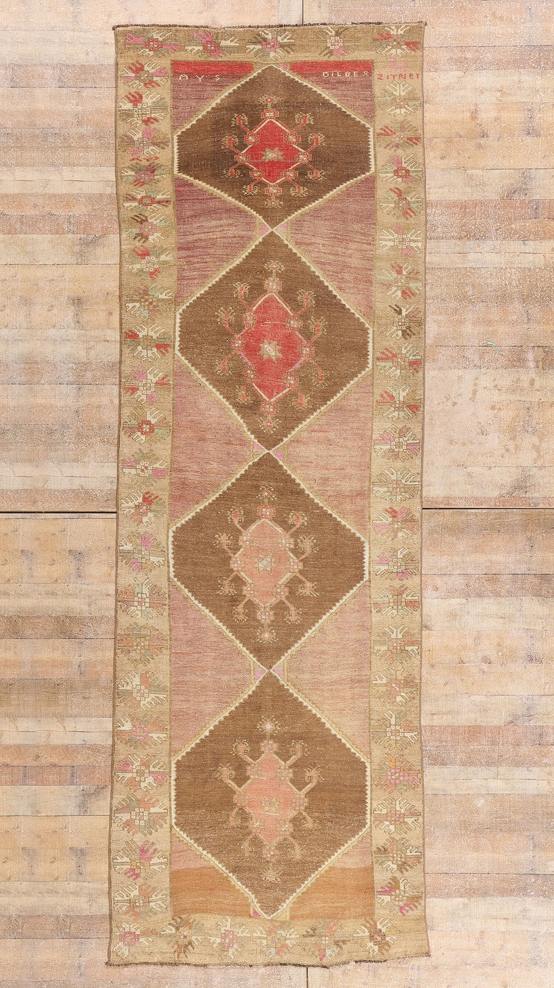 4 x 13 - Brown Vintage Turkish Oushak Rug - 54153