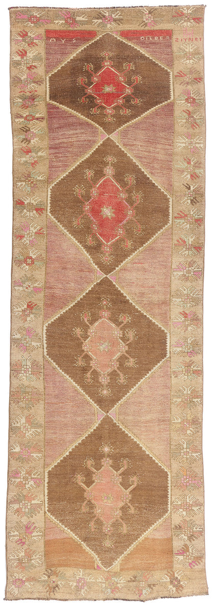 4 x 13 - Brown Vintage Turkish Oushak Rug - 54153