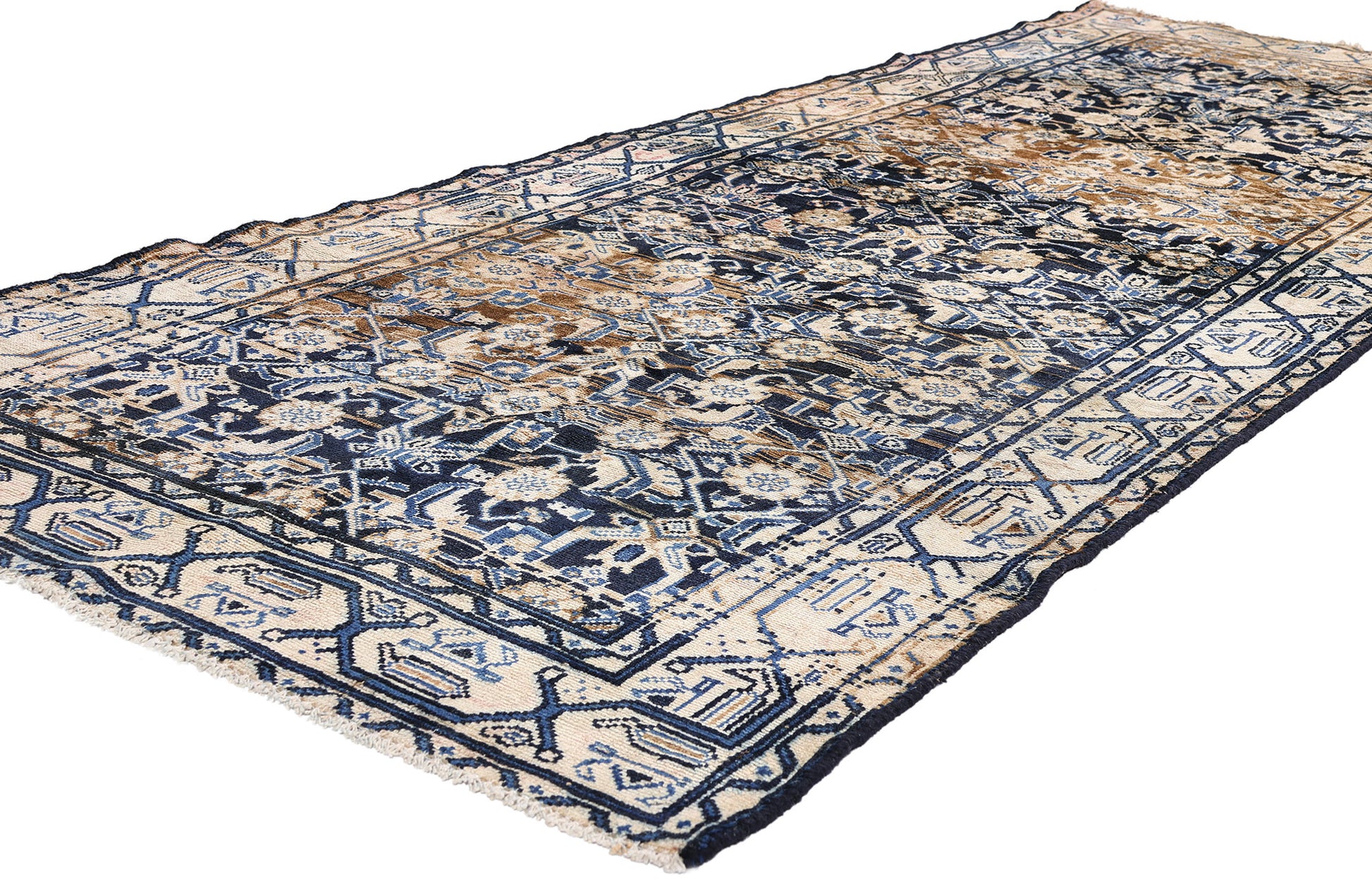 4 x 9 Navy Blue Vintage Persian Mahal Rug 61394