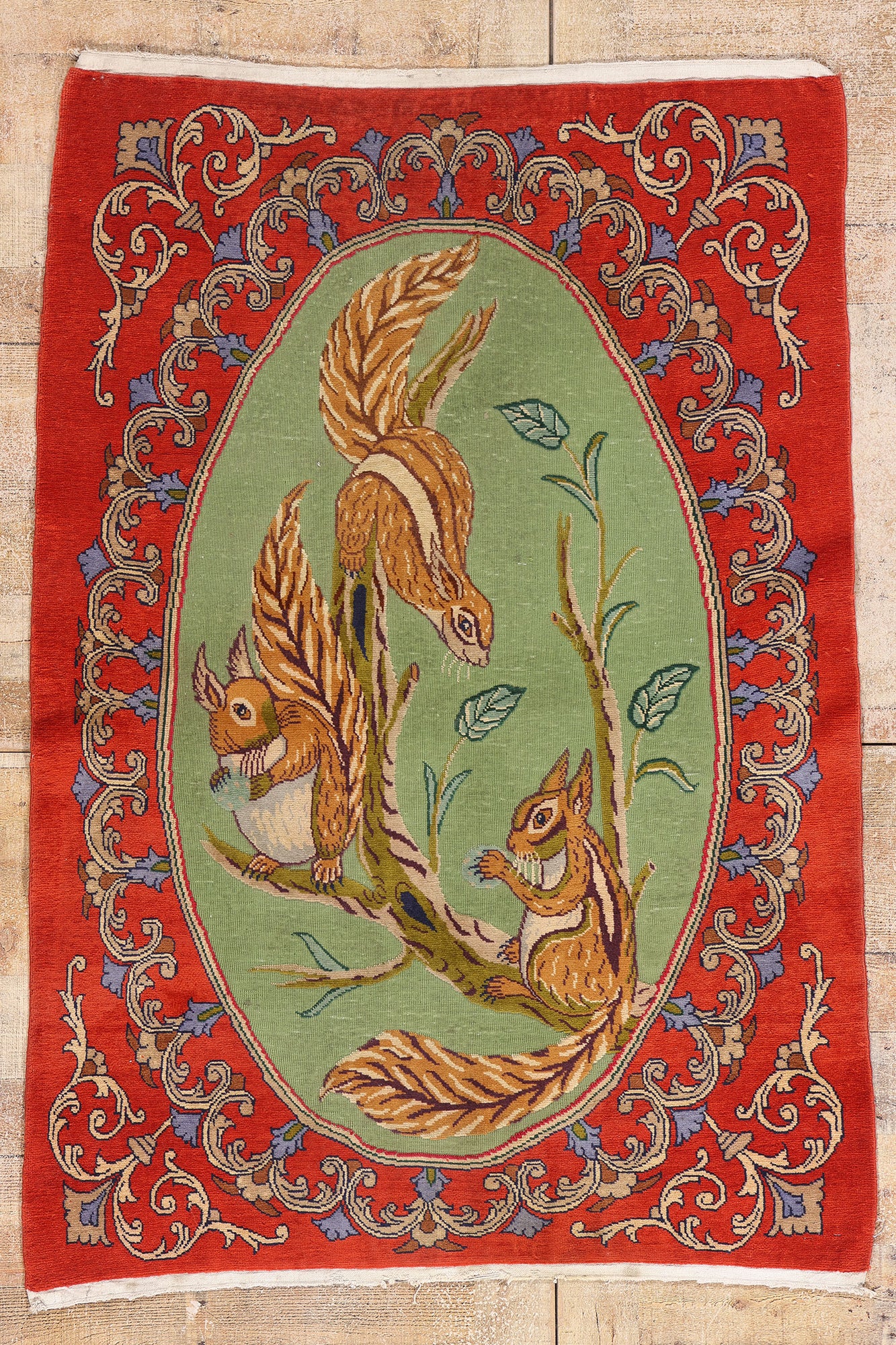 4 x 5 Green Vintage Persian Pictorial Kashan Rug 61410