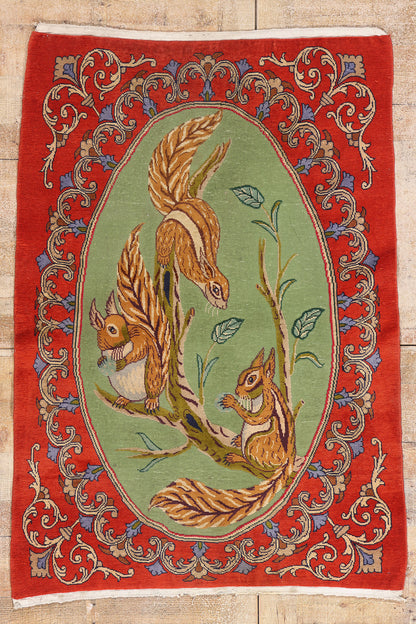 4 x 5 Green Vintage Persian Pictorial Kashan Rug 61410