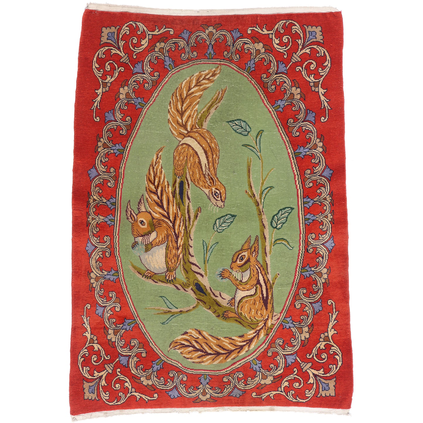 4 x 5 Green Vintage Persian Pictorial Kashan Rug 61410