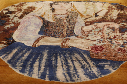 2 x 2 Brown Vintage Persian Pictorial Tabriz Rug 61415