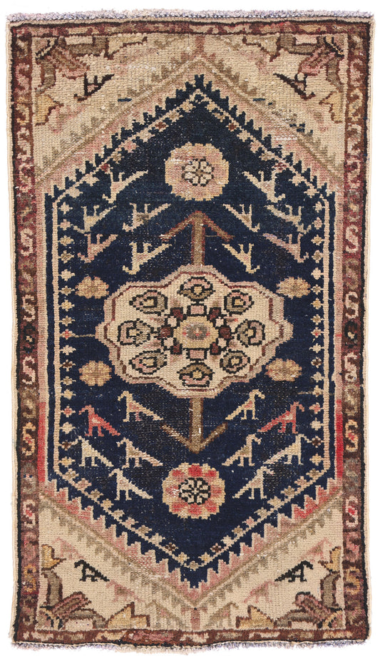 1 x 3 Navy Blue Antique Persian Hamadan Rug 61454