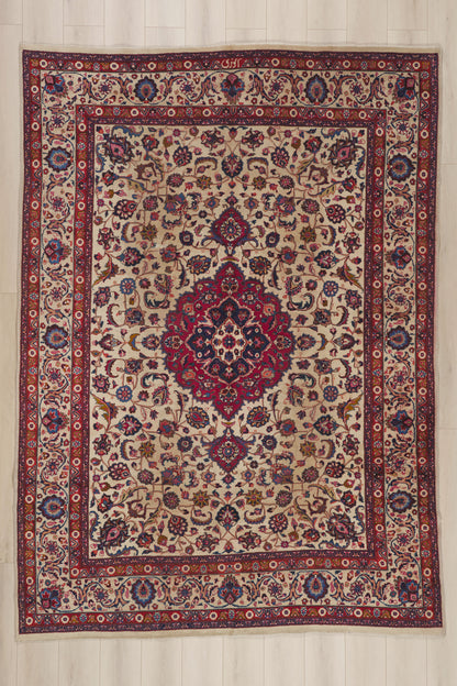 8 x 11 - Beige Antique Persian Mashhad Rug - 74418