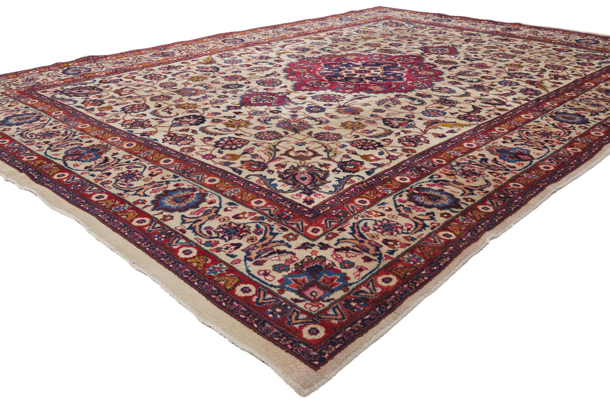 8 x 11 - Beige Antique Persian Mashhad Rug - 74418