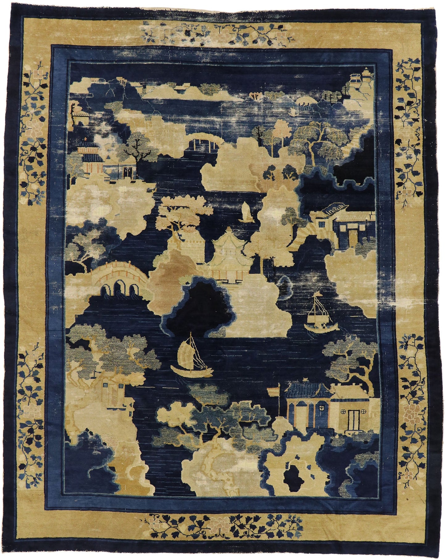 9 x 11 - Navy Blue Antique Chinese Art Deco Rug - 77556