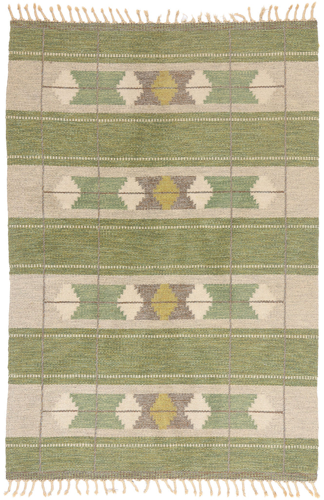 5 x 7 - Green Vintage Ingegerd Silow Swedish Rollakan Rug - 79359
