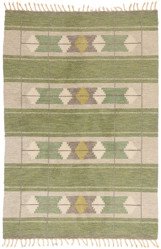 5 x 7 - Green Vintage Ingegerd Silow Swedish Rollakan Rug - 79359