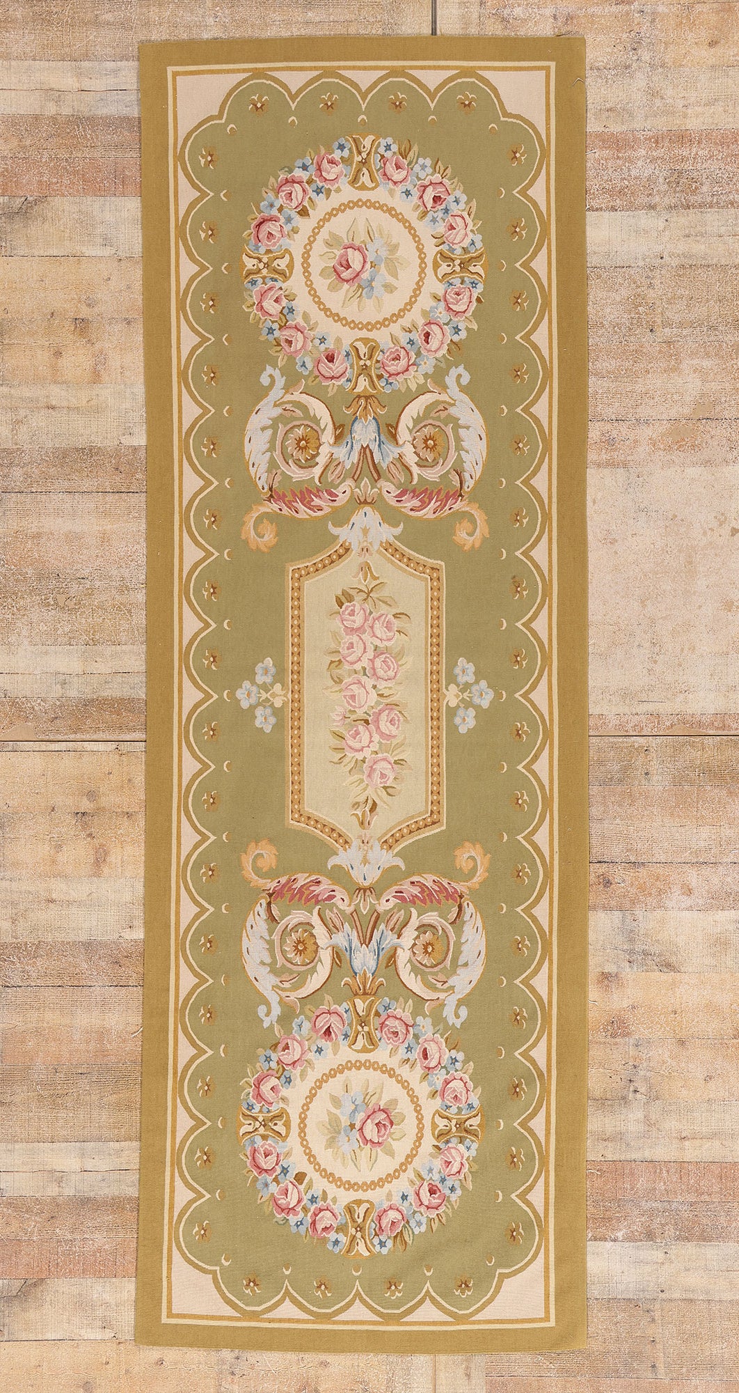 3 x 9 - Green Vintage Aubusson Rug - 79483