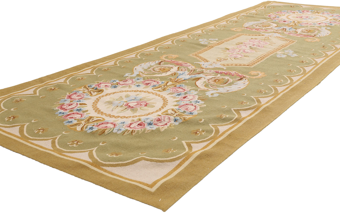 3 x 9 - Green Vintage Aubusson Rug - 79483