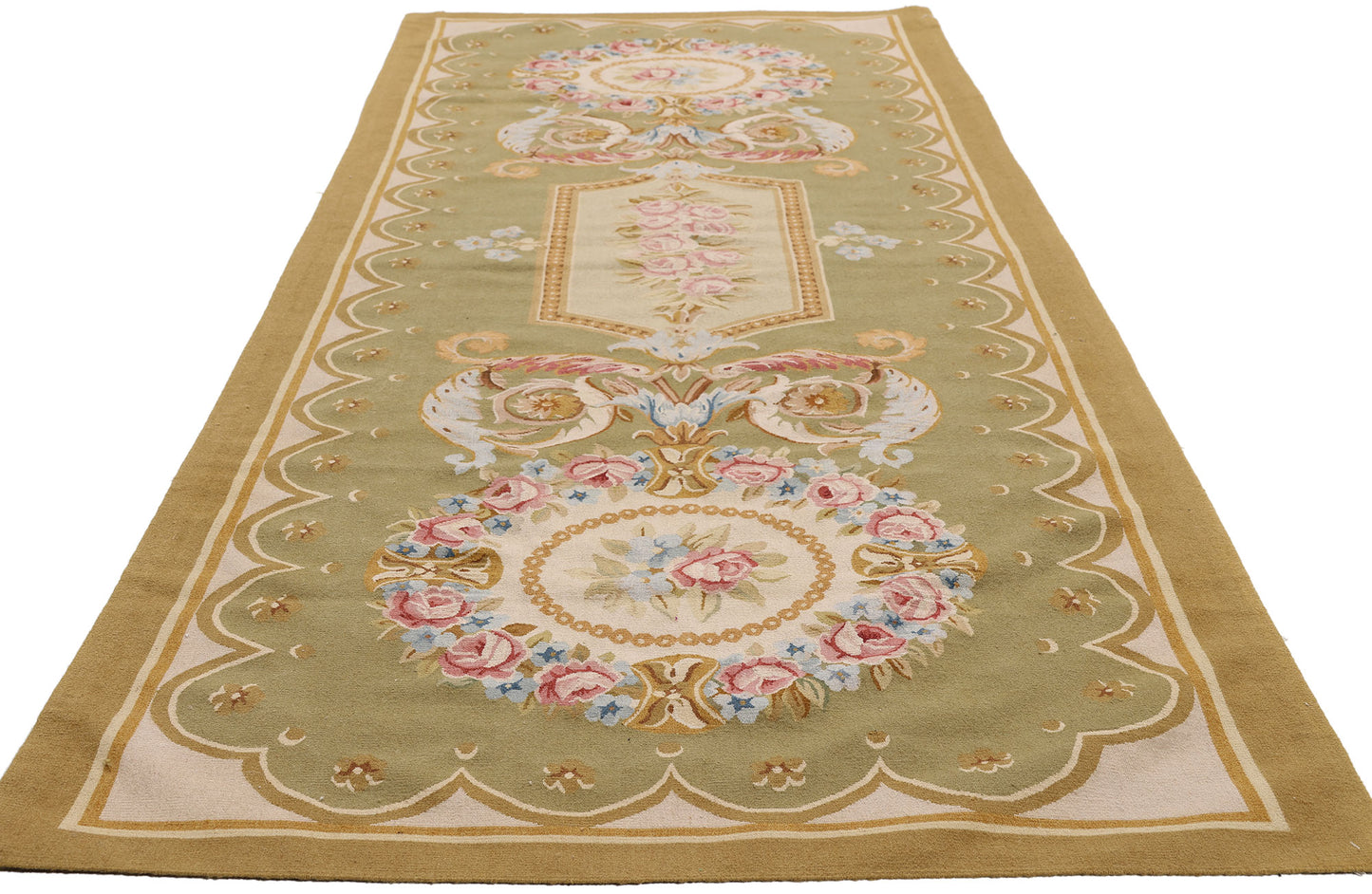 3 x 9 - Green Vintage Aubusson Rug - 79483