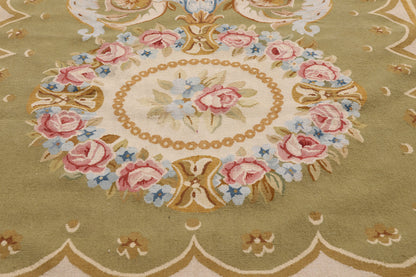 3 x 9 - Green Vintage Aubusson Rug - 79483