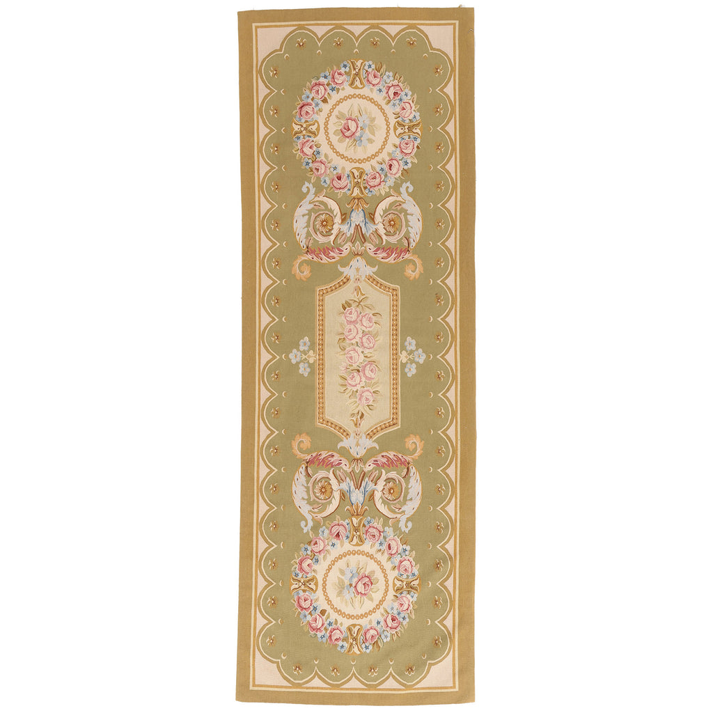 3 x 9 - Green Vintage Aubusson Rug - 79483