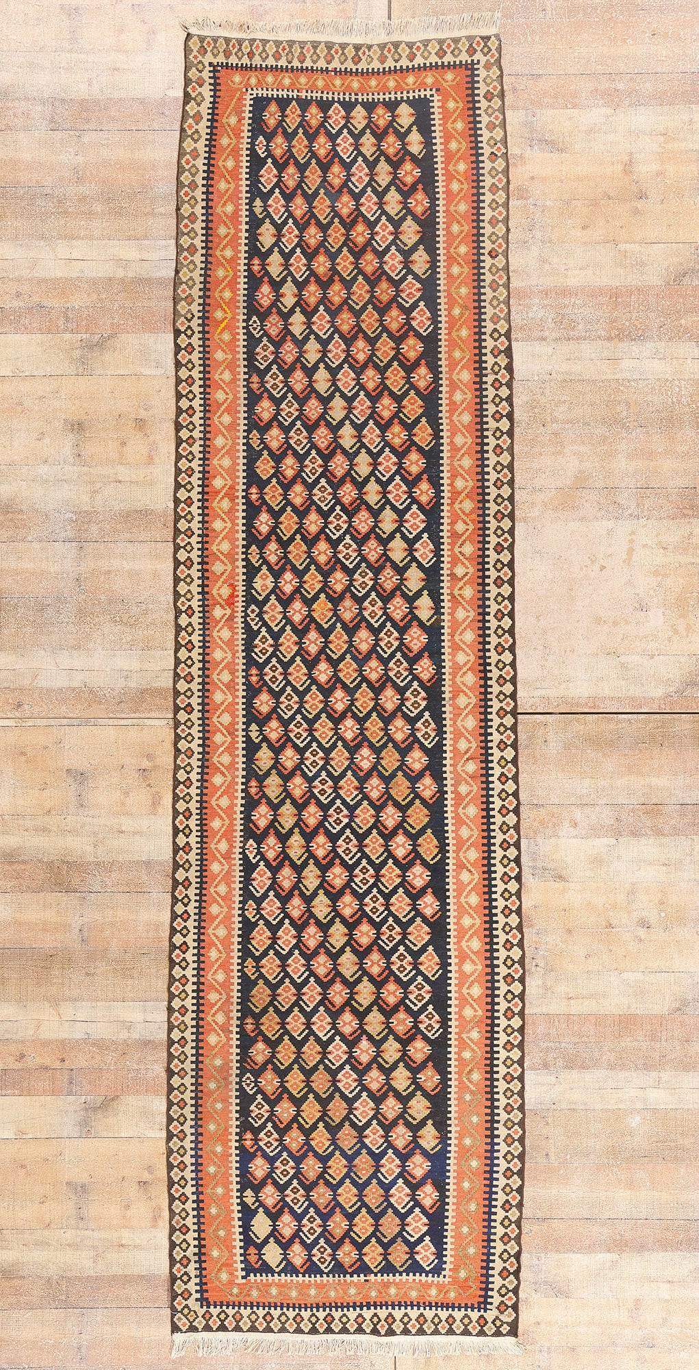 3 x 13 - Navy Blue Antique Persian Bijar Kilim Rug - 79553