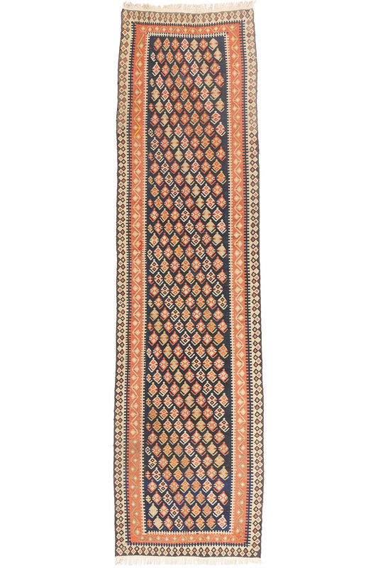 3 x 13 - Navy Blue Antique Persian Bijar Kilim Rug - 79553