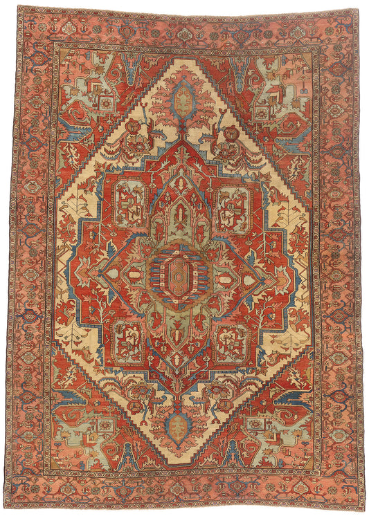 9 x 13 - Ivory Antique Persian Serapi Rug - 79686