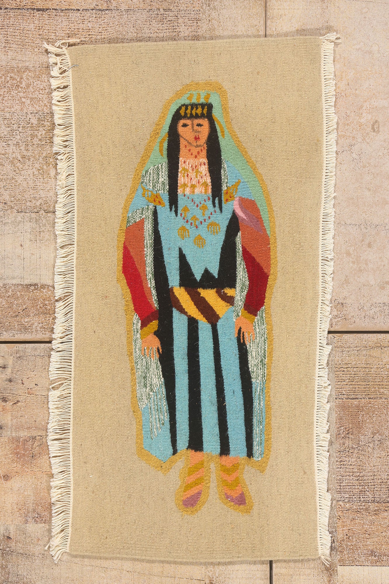 1 x 3 Beige Vintage Tunisian Pictorial Tapestry 79734