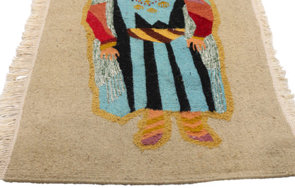 1 x 3 Beige Vintage Tunisian Pictorial Tapestry 79734