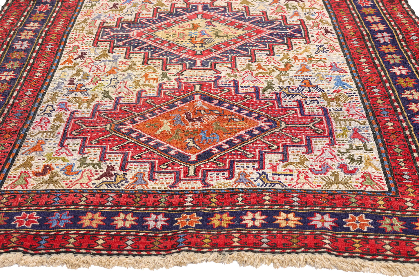4 x 6 - Ivory Vintage Caucasian Soumak Rug - 79743