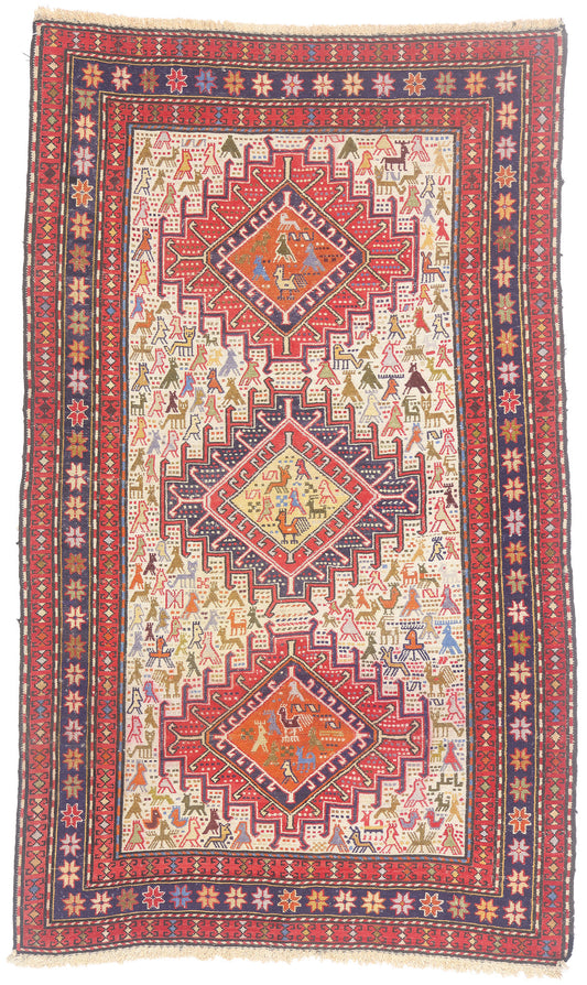 4 x 6 - Ivory Vintage Caucasian Soumak Rug - 79743