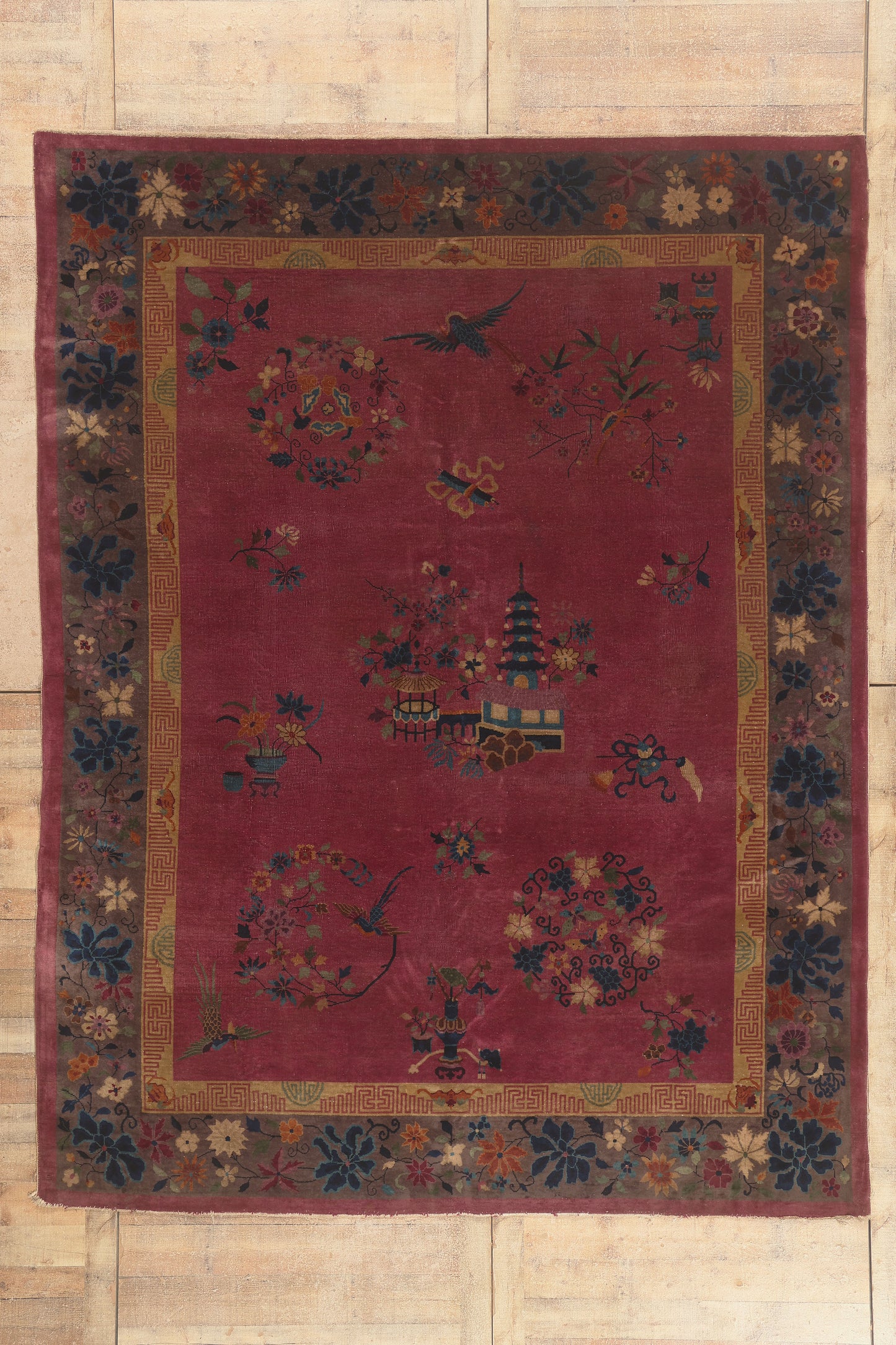 9 x 12 - Burgundy Antique Chinese Art Deco Rug - 79746