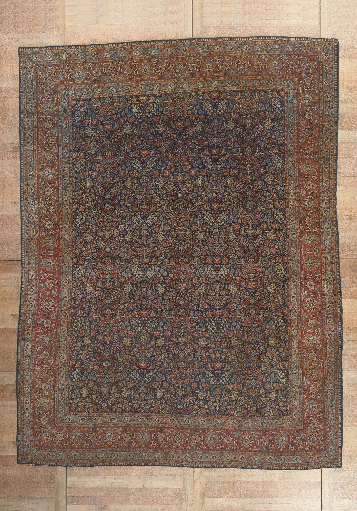 10 x 13 - Navy Blue Antique Persian Kashan Rug - 79806