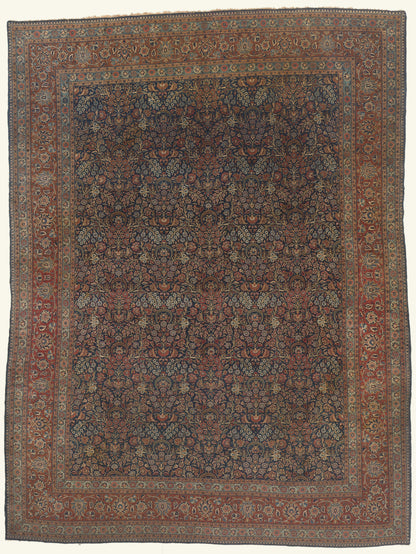 10 x 13 - Navy Blue Antique Persian Kashan Rug - 79806