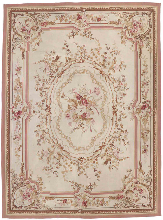 9 x 12 - Beige Vintage French Aubusson Rug - 77645