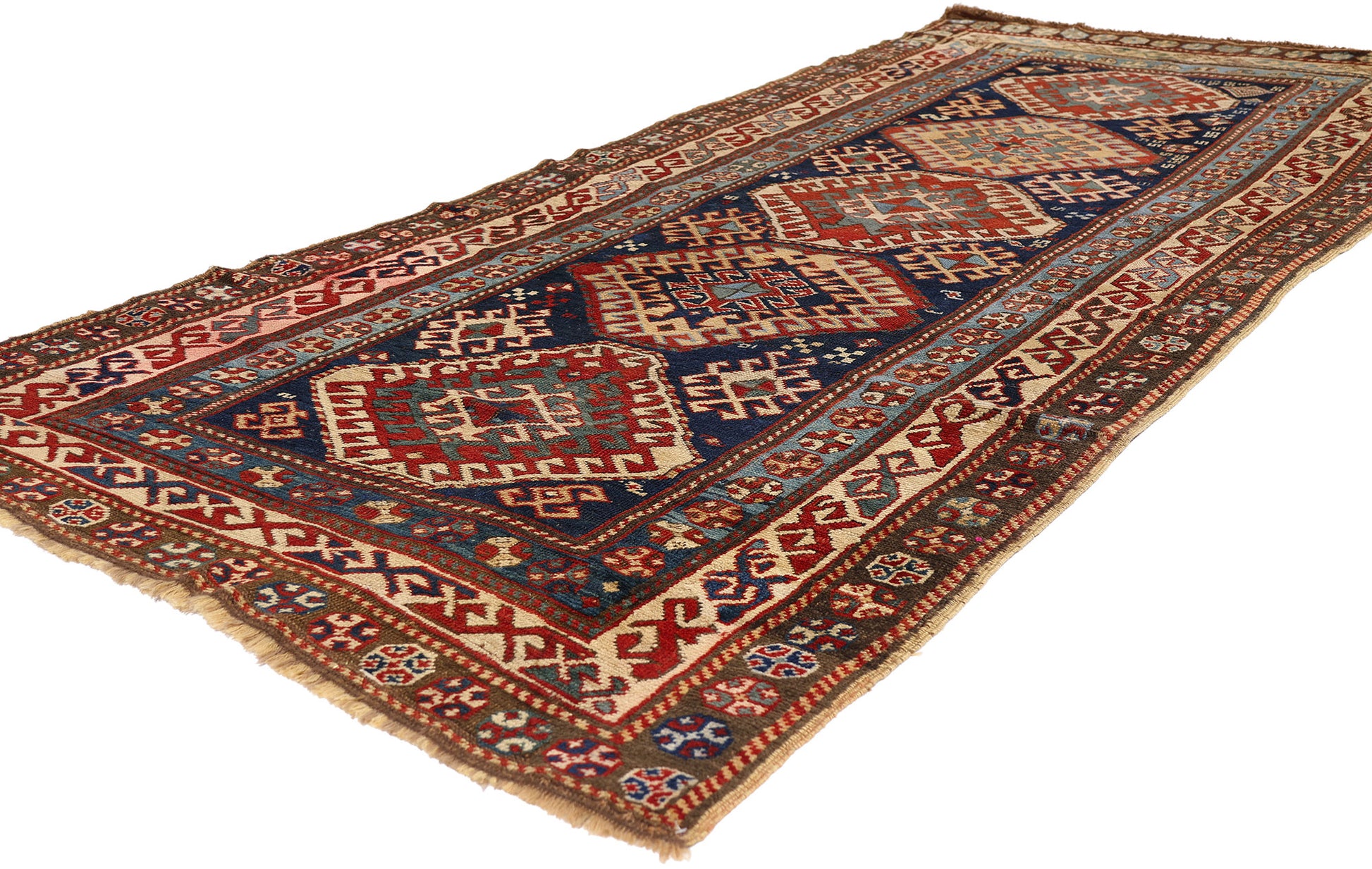 4 x 9 Navy Blue Antique Caucasian Kazak Rug 79319