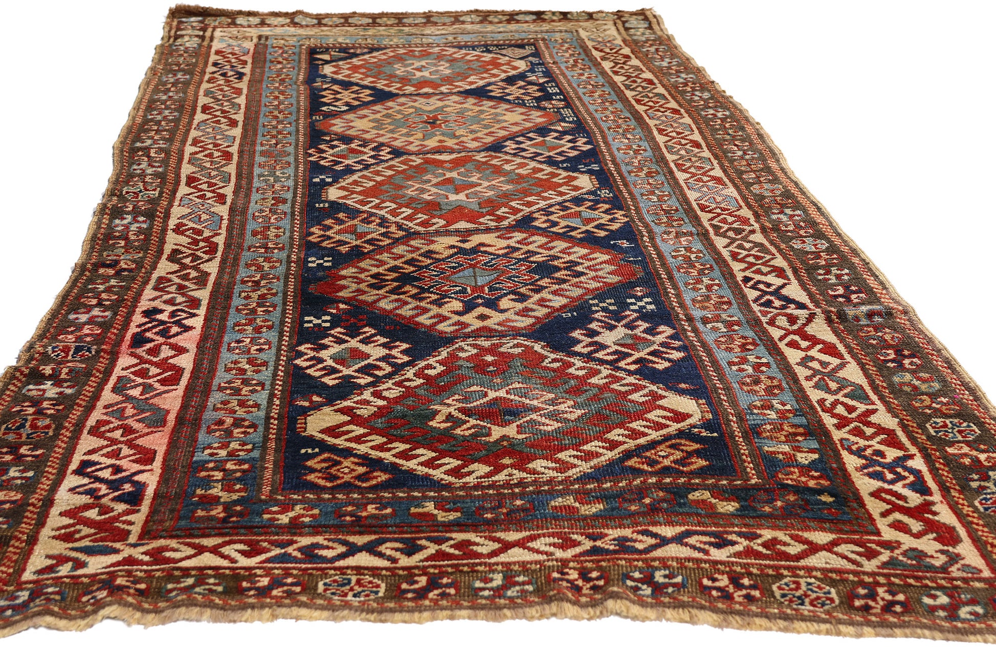 4 x 9 Navy Blue Antique Caucasian Kazak Rug 79319