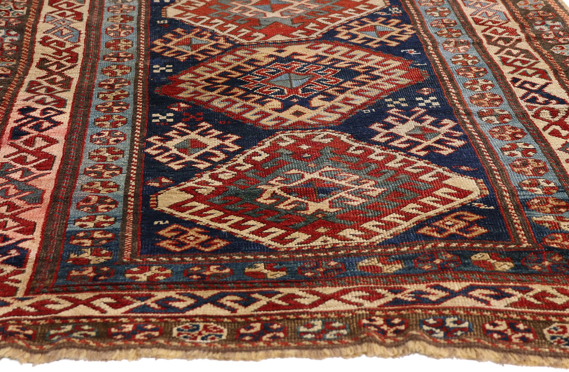 4 x 9 Navy Blue Antique Caucasian Kazak Rug 79319