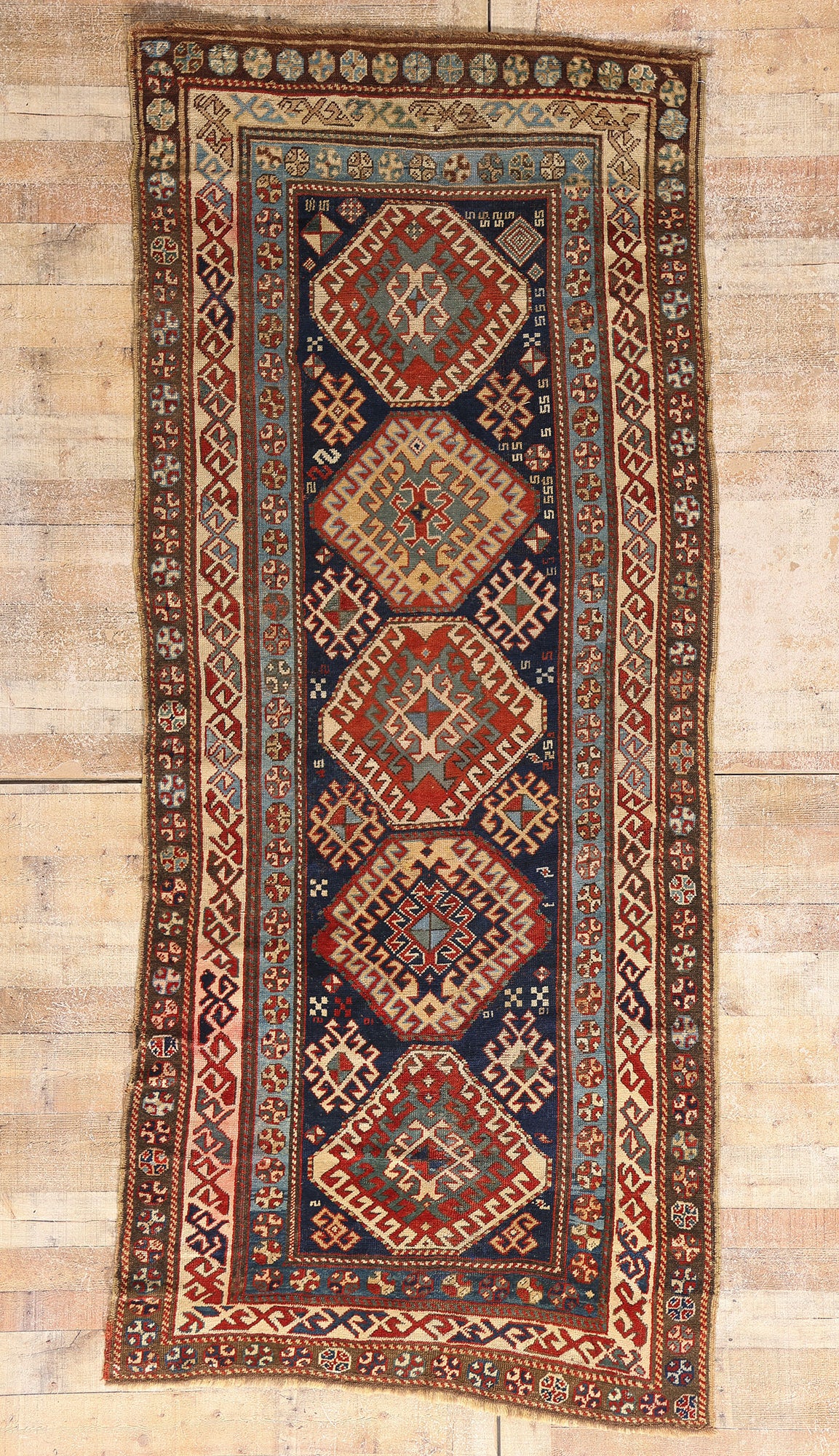 4 x 9 Navy Blue Antique Caucasian Kazak Rug 79319