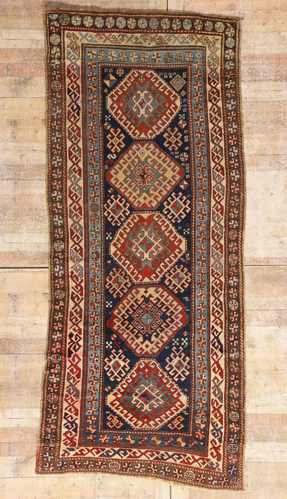 4 x 9 Navy Blue Antique Caucasian Kazak Rug 79319