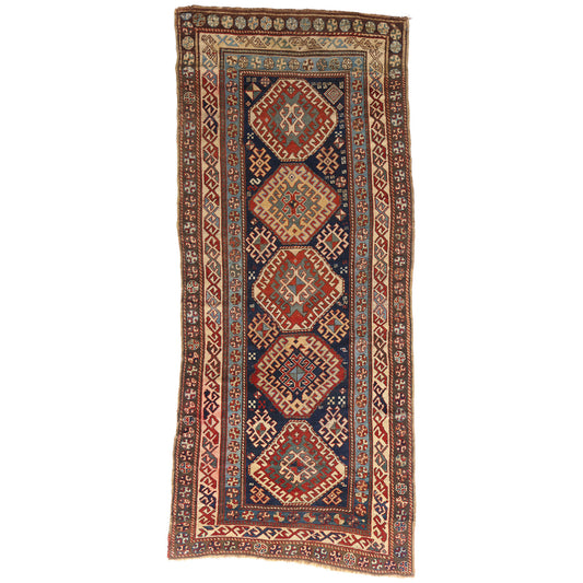 4 x 9 Navy Blue Antique Caucasian Kazak Rug 79319
