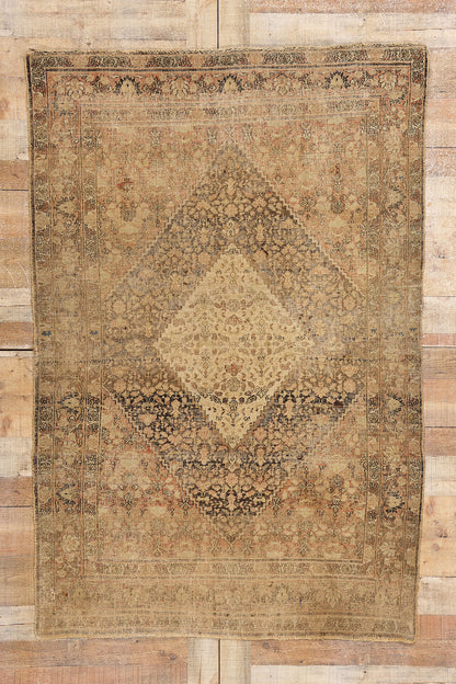 4 x 6 Antique-Worn Persian Mahi Tabriz Rug 78987