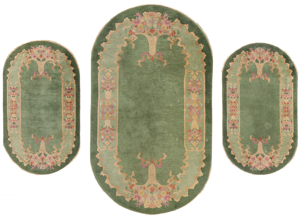 3 x 4 Antique Green Chinese Art Deco Oval Rug 78990