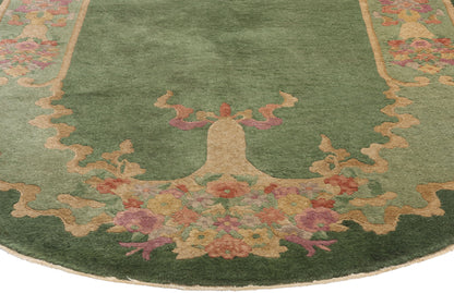 4 x 7 Antique Green Chinese Art Deco Oval Rug 78992