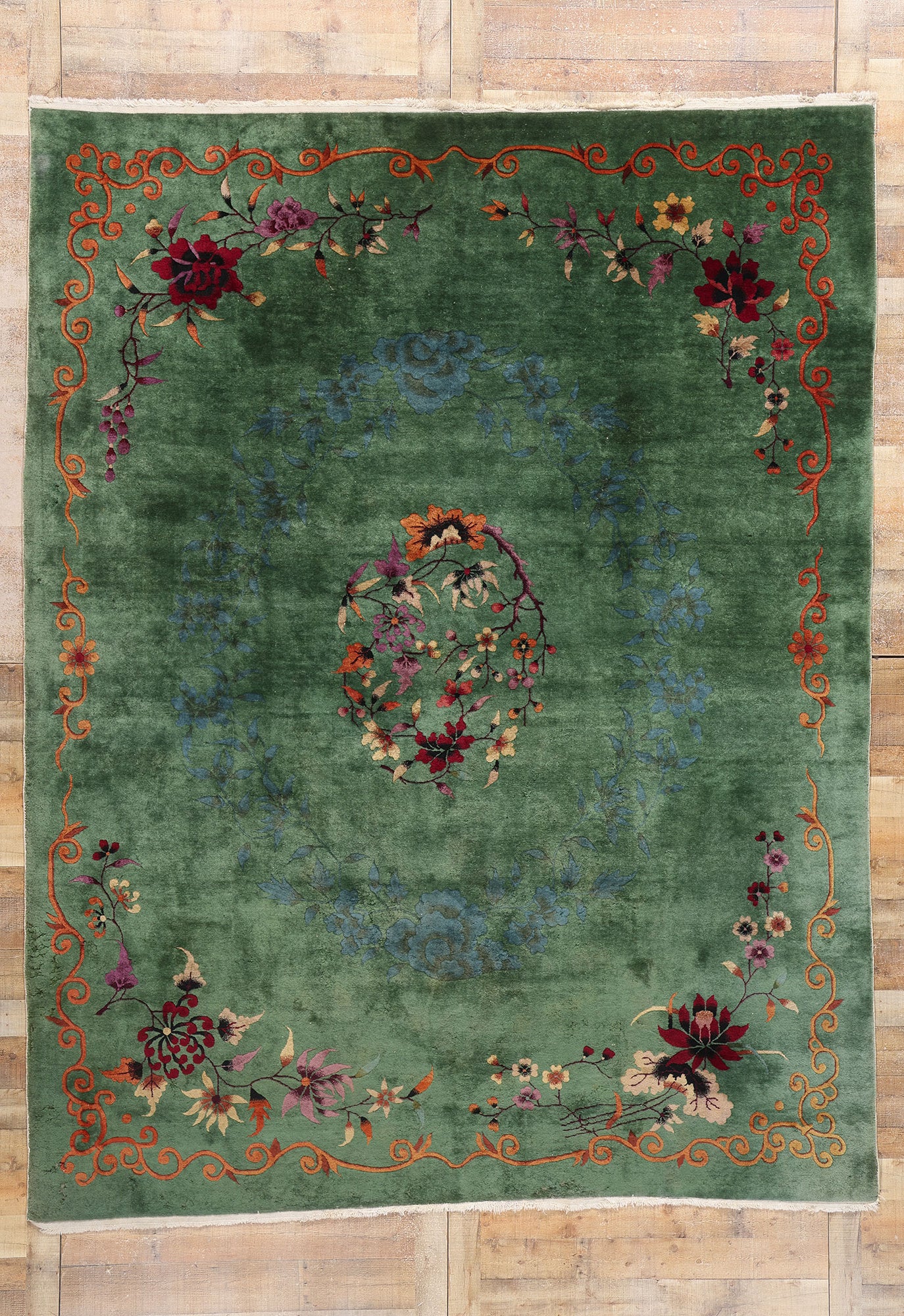 8 x 11 Antique Chinese Green Art Deco Rug 79118