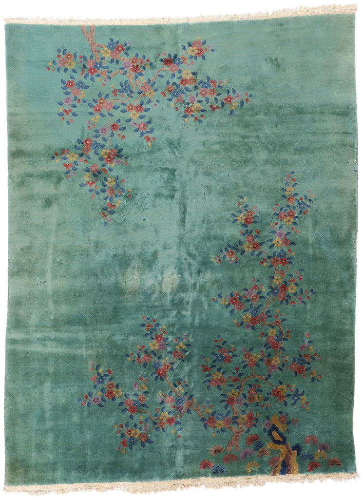 9 x 11 Vintage Green Chinese Art Deco Rug 79112