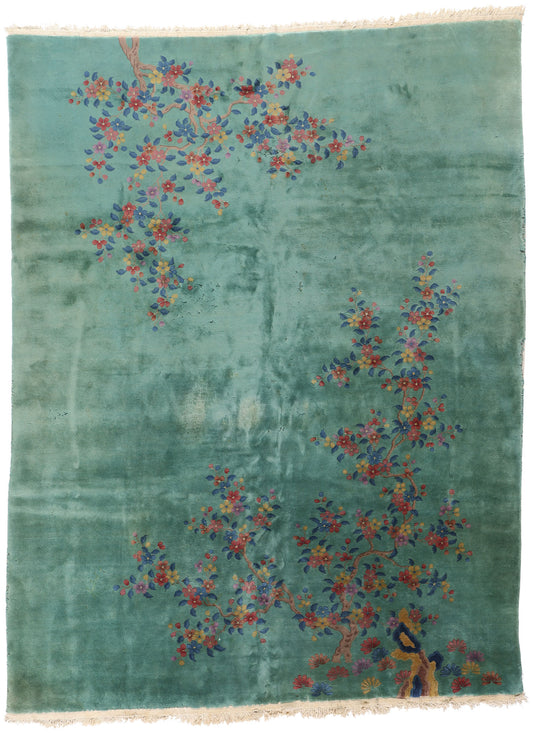 9 x 11 Vintage Green Chinese Art Deco Rug 79112