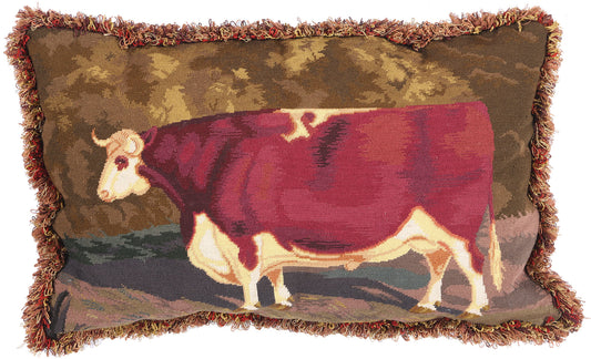 2 x 3 Antique Needlepoint Shorthorn Ox Tapestry Pillow 79144