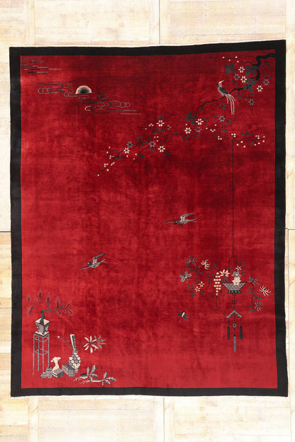 9 x 11 Antique Red Chinese Art Deco Rug 79213